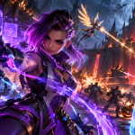 Sombra jako Support walczy w Overwatch Sezon 5 na tle halloweenowej fortecy