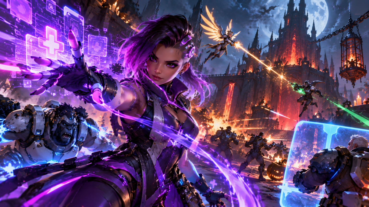 Sombra jako Support walczy w Overwatch Sezon 5 na tle halloweenowej fortecy
