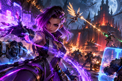 Sombra jako Support walczy w Overwatch Sezon 5 na tle halloweenowej fortecy