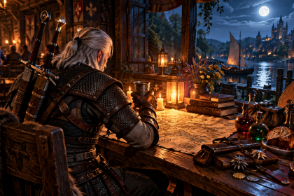Geralt z Rivii przy stole w karczmie, obok mapy, ekwipunku i mikstur, z widokiem na nocne miasto
