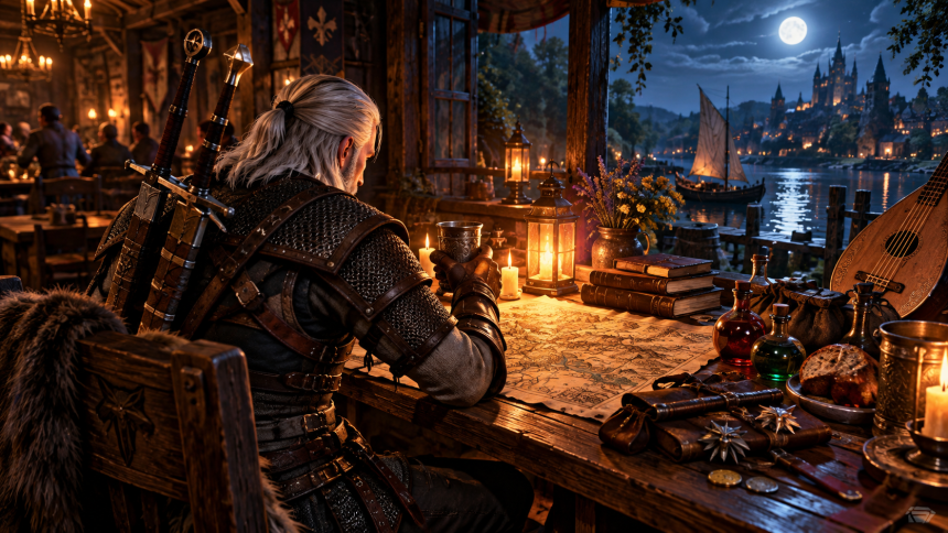Geralt z Rivii przy stole w karczmie, obok mapy, ekwipunku i mikstur, z widokiem na nocne miasto