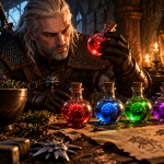 Geralt bada czerwony mutagen przy stole alchemicznym w Wiedźminie 3 Remastered