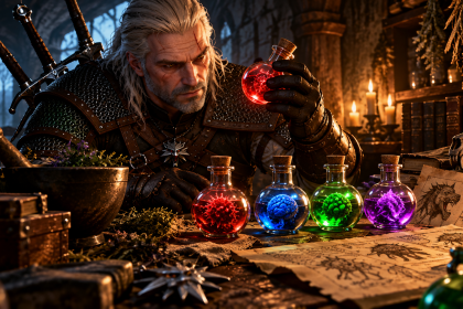 Geralt bada czerwony mutagen przy stole alchemicznym w Wiedźminie 3 Remastered