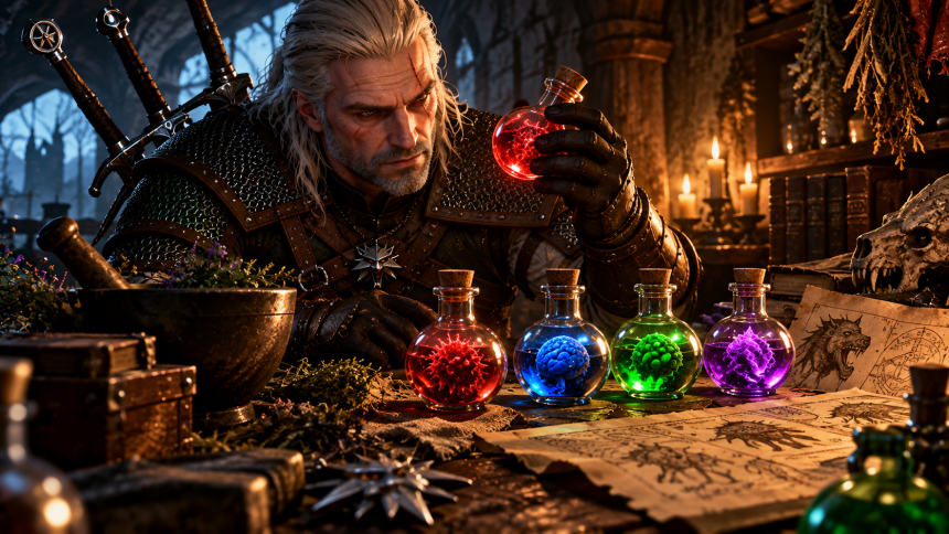 Geralt bada czerwony mutagen przy stole alchemicznym w Wiedźminie 3 Remastered