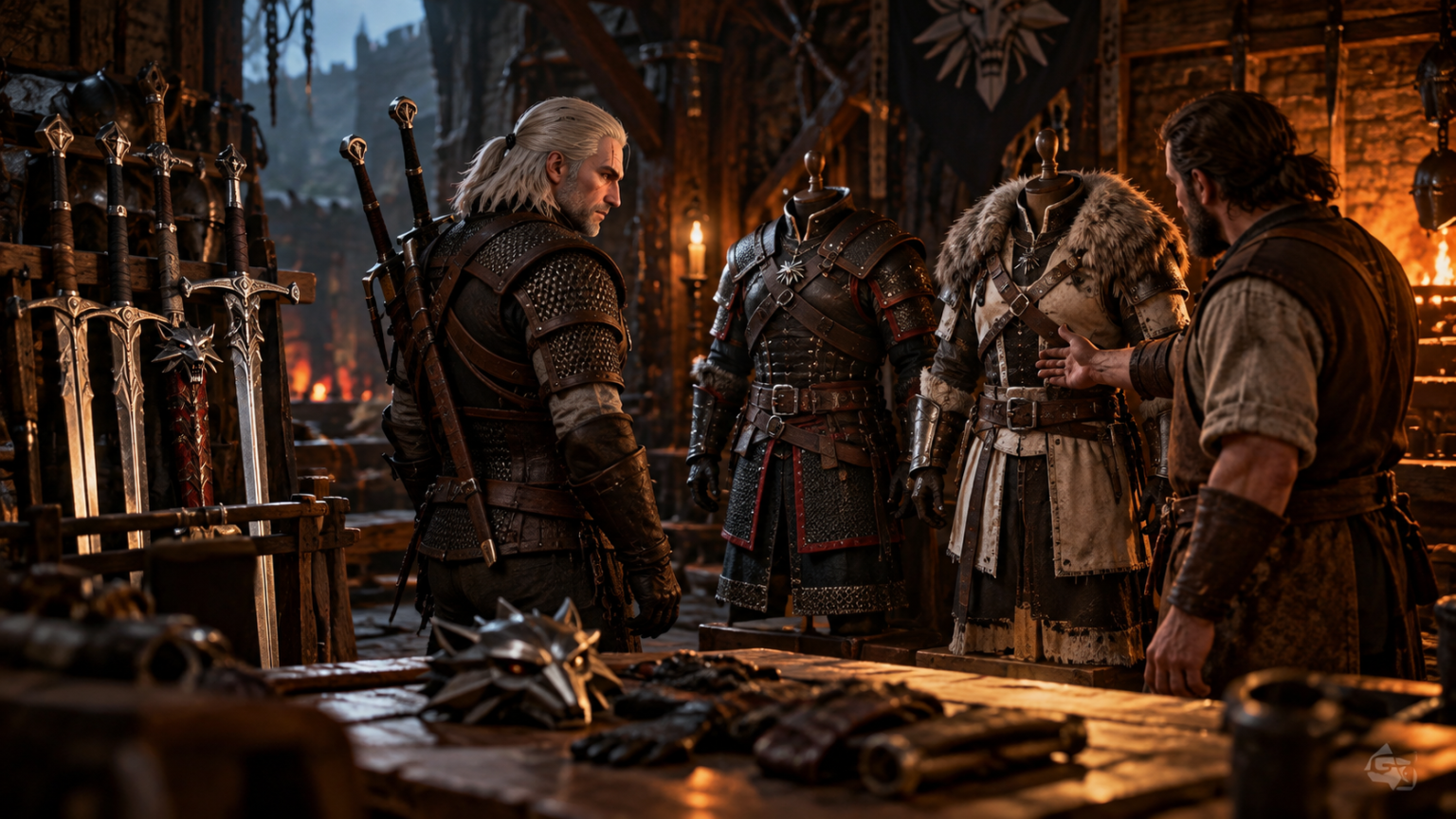 Geralt wybiera wygląd zbroi i miecza w warsztacie kowalskim w Wiedźminie 3 Remastered