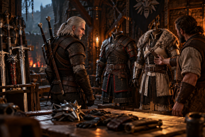 Geralt wybiera wygląd zbroi i miecza w warsztacie kowalskim w Wiedźminie 3 Remastered