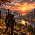 Geralt z Wiedźmina 3 Remastered podziwia krajobraz podczas zachodu słońca