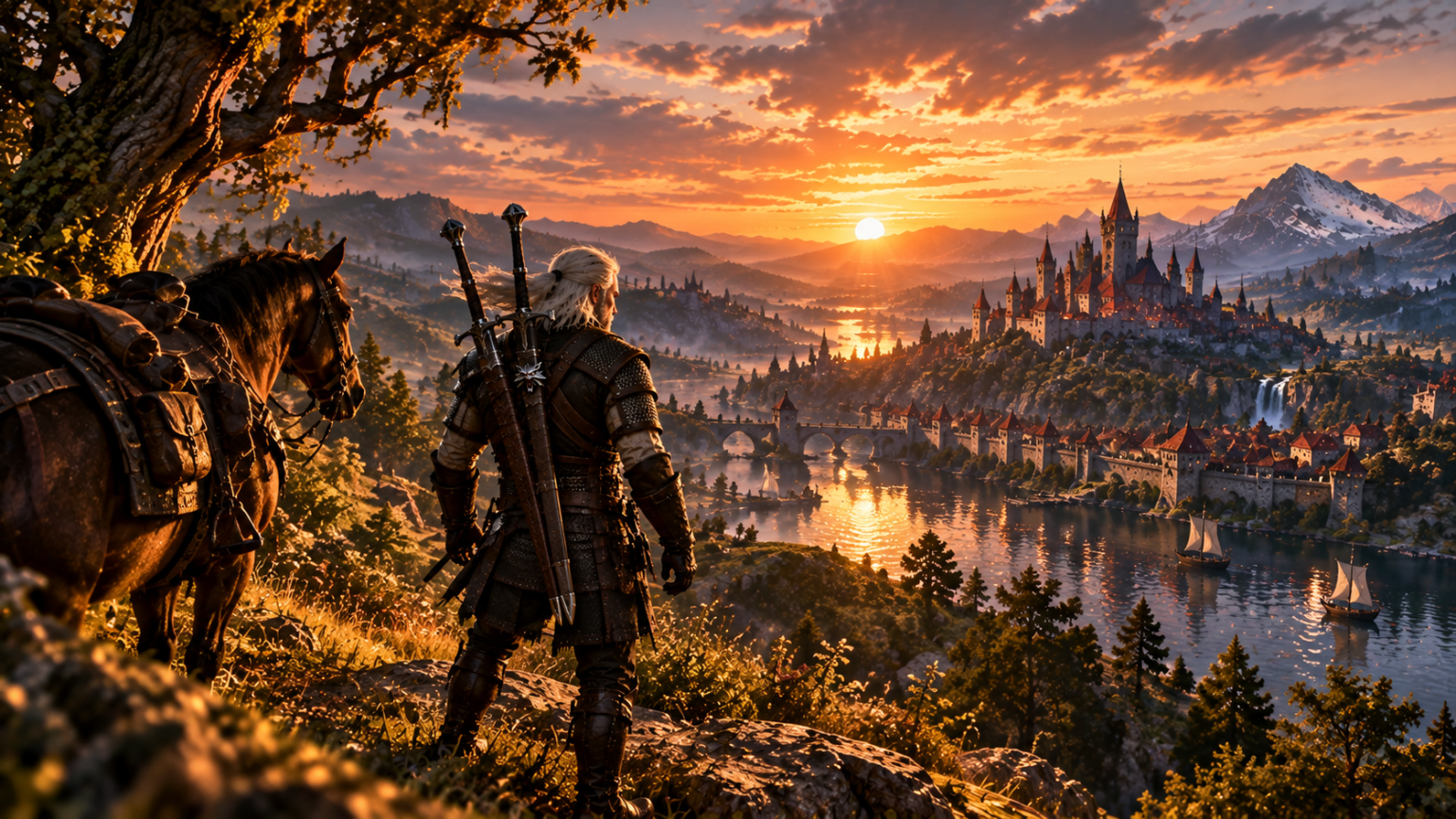 Geralt z Wiedźmina 3 Remastered podziwia krajobraz podczas zachodu słońca