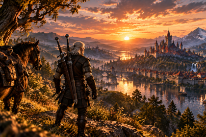 Geralt z Wiedźmina 3 Remastered podziwia krajobraz podczas zachodu słońca