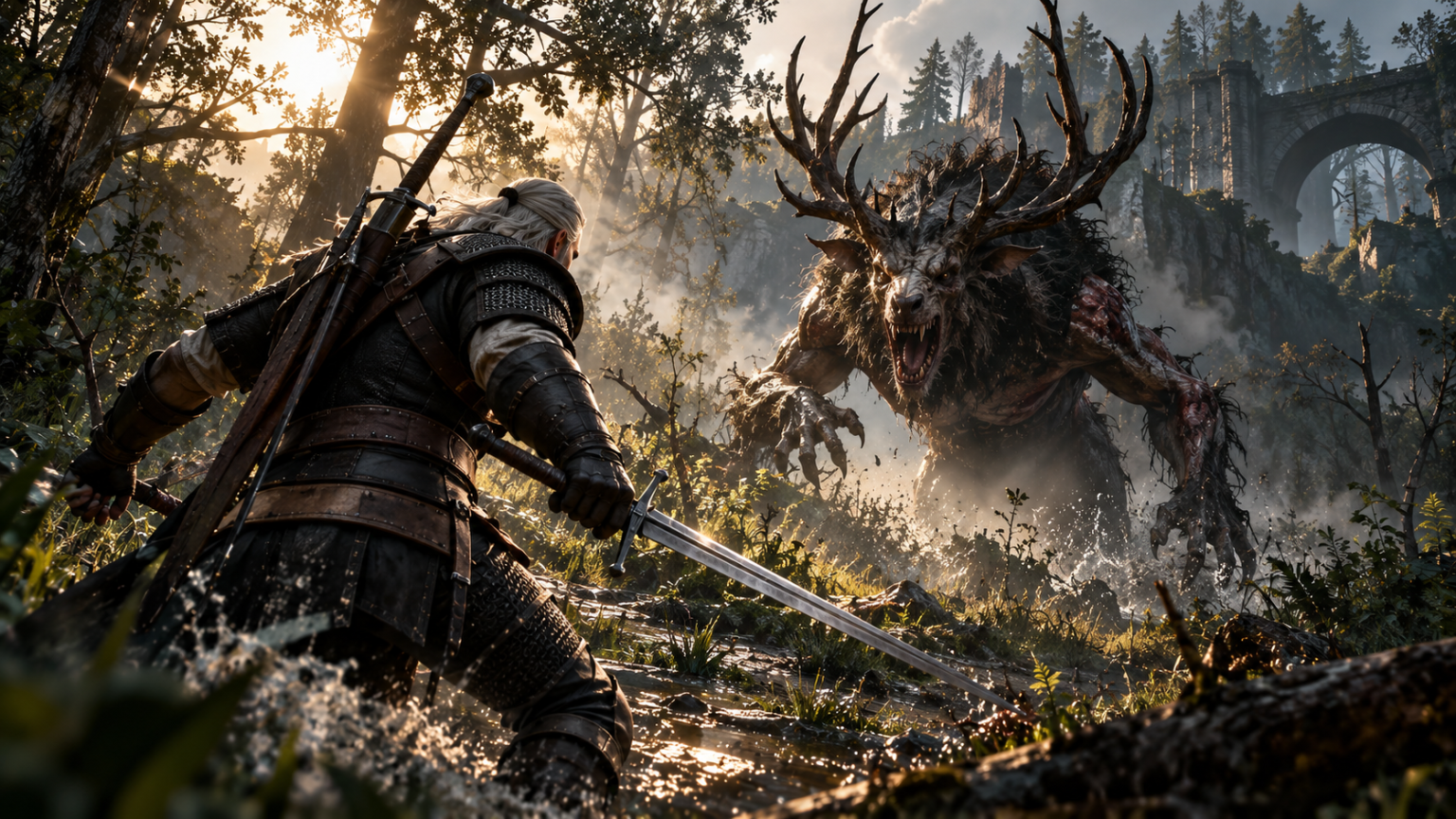 Geralt walczący z potworem w lesie w Wiedźminie 3 Remastered