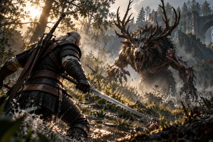 Geralt walczący z potworem w lesie w Wiedźminie 3 Remastered