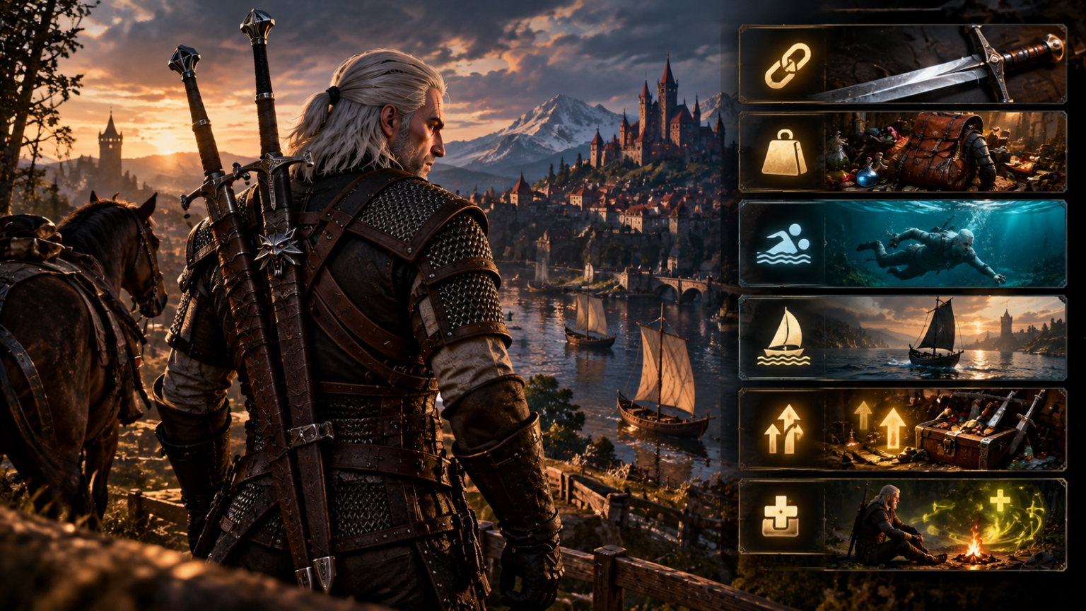 Geralt przygotowuje wyposażenie i korzysta z ustawień gry w Wiedźminie 3 Remastered