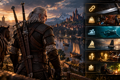 Geralt przygotowuje wyposażenie i korzysta z ustawień gry w Wiedźminie 3 Remastered