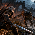 Geralt przygotowuje się do walki z potworem w mrocznej, nocnej scenerii
