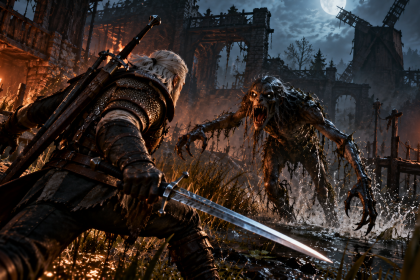 Geralt przygotowuje się do walki z potworem w mrocznej, nocnej scenerii
